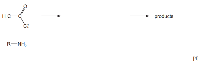 <p>Complete the mechanism of the reaction between cyclohexylamine and CH<sub>3</sub>COCl. </p><p>R–NH<sub>2</sub> is used to represent cyclohexylamine. Include all relevant lone pairs of electrons, curly arrows, charges and partial charges. <strong>[4]</strong></p>
