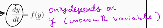 <p>ex: y’=t is NOT autonomous because the right hand side doesn’t depend on the unknown (which is y</p>