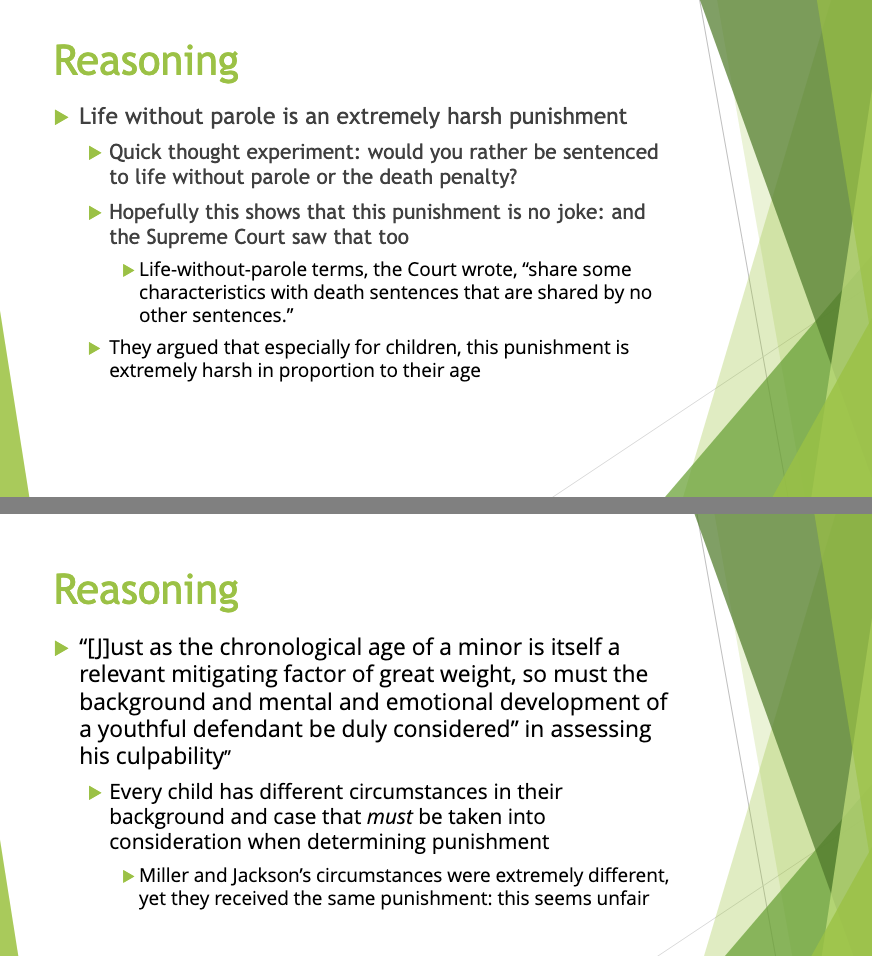 <p>It means youthfulness itself reduces blameworthiness, and courts must also weigh the juvenile’s <strong>development and life background</strong> when deciding punishment.</p><ul><li><p>This quote emphasizes that a juvenile's age is an important factor in determining their culpability and that their unique circumstances, including emotional and mental growth, should influence sentencing decisions. </p></li></ul><p></p>