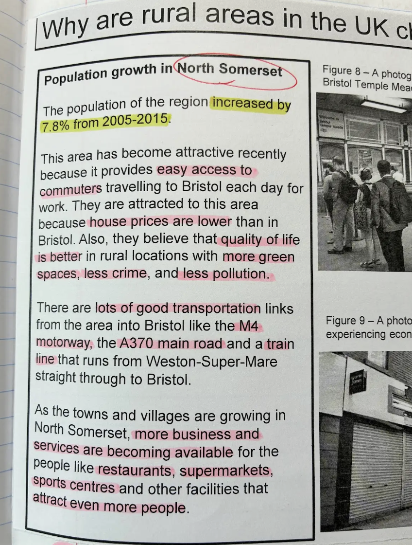 <ul><li><p>close to Bristol → 2 universities (UNI of Bristol, UWE), Big retail centre, Big high tech centre, Manufacturing (air buds makes airplane wings)</p></li><li><p>Bristol has high house prices </p></li><li><p>nice area</p></li><li><p>green space, less crime, less pollution</p></li><li><p>near the coast</p></li><li><p>railway M4 = easy commuting</p></li><li><p>lower house prices</p></li><li><p>inc pop’un leading to positive multiplier effect → Eco <span data-name="arrow_up" data-type="emoji">⬆</span></p></li></ul><p></p>