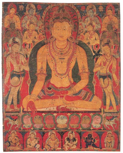 <ul><li><p><span style="background-color: transparent;">Yellow + horse</span></p></li><li><p><span style="background-color: transparent;">Elongated limbs at odd angles of attendant bodhisattvas</span></p></li><li><p><span style="background-color: transparent;">Tri-partite body</span></p></li><li><p><span style="background-color: transparent;">Wealth deities along bottom section</span></p></li><li><p><span style="background-color: transparent;">Detailed shawl with depictions of the Buddha around his shoulders</span></p></li></ul><p></p>