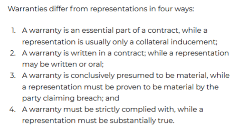 <p>In a contract are express promises that guarantee something in furtherance of the contract by one of the parties.</p>