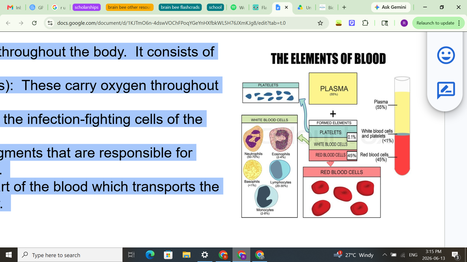 <p><span style="background-color: transparent;">Blood is the fluid that is circulated throughout the body.&nbsp; It consists of four (4) components.</span></p><ol><li><p><span style="background-color: transparent;">Red blood cells (Erythrocytes):&nbsp; These carry oxygen throughout the body.</span></p></li><li><p><span style="background-color: transparent;">White blood cells: These are the infection-fighting cells of the body.</span></p></li><li><p><span style="background-color: transparent;">Platelets:&nbsp; These are cell fragments that are responsible for initiating the clotting process.</span></p></li><li><p><span style="background-color: transparent;">Plasma:&nbsp; This is the liquid part of the blood which transports the various cells. Primarily water.</span></p></li></ol><p></p>