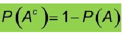 <p>P(A^c) = 1- P(A)</p>