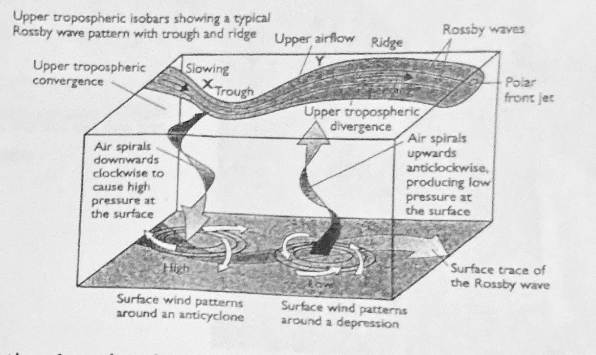 <p><span>convergence of air aloft in Polar Front Jet Stream.</span></p><p><span>westerly air flow waves known as Rossby Waves. When air flow in Polar Front Jet Stream approaches trough and flows towards lower latitudes, tends slow down and converg aloft causes air to spiral downwards towards surface. descending air creates high air pressure at surface.</span></p>
