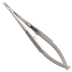 <p>Needle holder (straight head), not a hemostat.</p><p>(Explanation: Needle holders are specifically designed to grasp and manipulate suture needles securely without damaging them. Hemostats, meant for clamping tissue or vessels, can crush or bend needles, compromising suturing precision.)</p>
