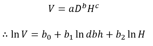 <ul><li><p>dbh in cm &amp; height in m</p></li><li><p>remember to e<sup>ln V</sup></p></li></ul><p></p>