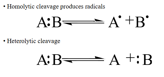 <ul><li><p>Homolytic: produces two radical species</p></li><li><p>Heterolytic: Both electrons go to one species → can produce carbanions, carbocations, hydrides and protons</p></li><li><p></p></li></ul><p></p>