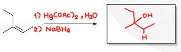 <p>1) Hg(OAc)2, H2O, 2) NaBH4, Markovnikov, neither stereoselective, no rearrangement</p>