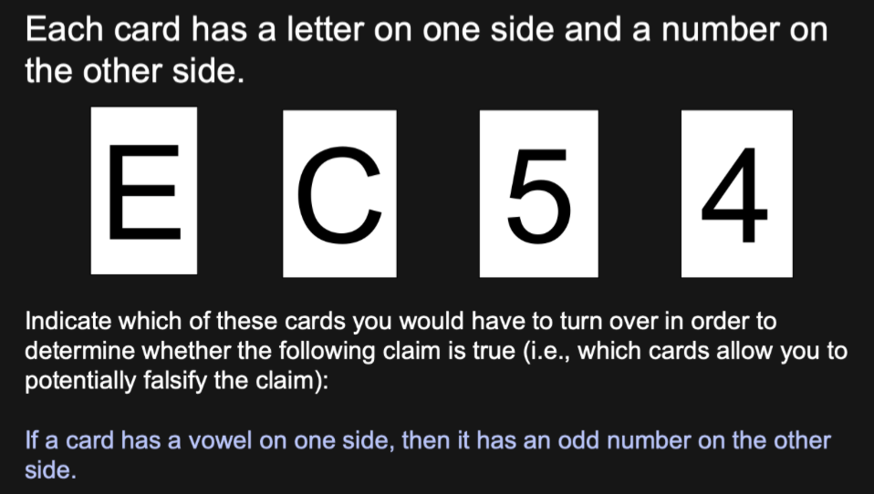 <p>What explains why humans are bad at solving pure logic tasks? (eg. vowel and odd-even no. card selection task)</p>