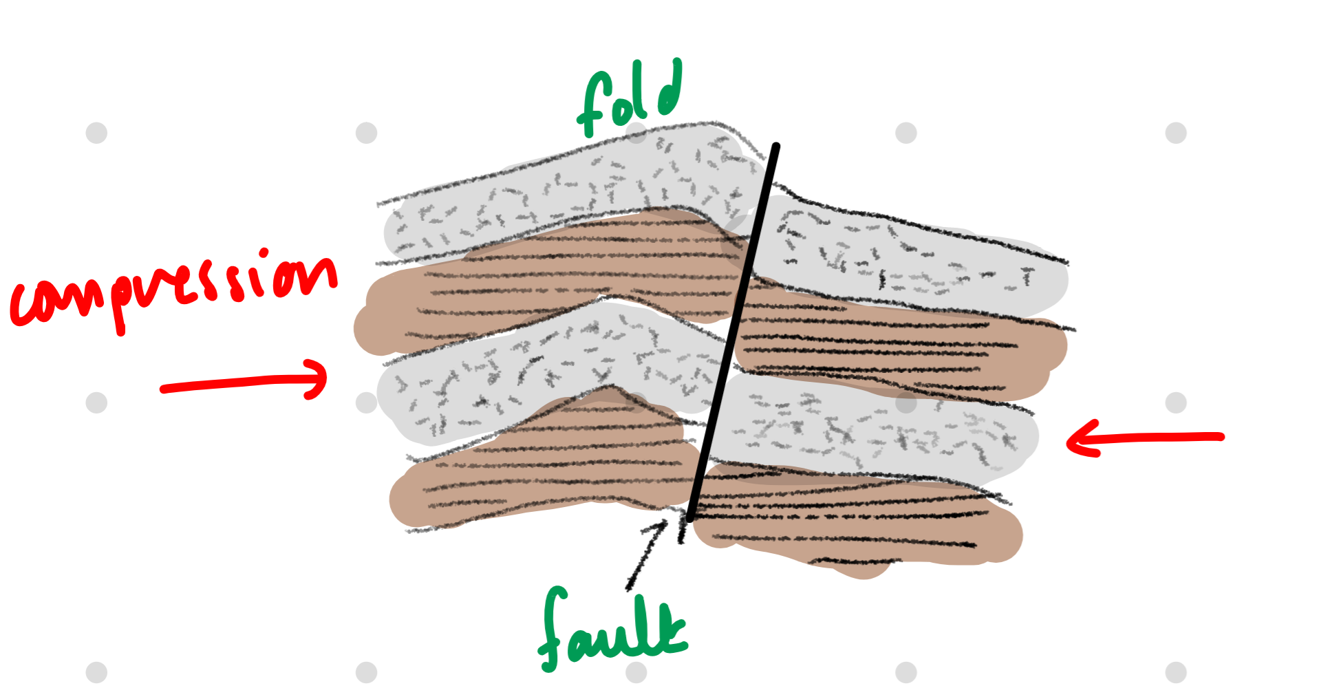<p>result of strata being subjected to tectonic forces - compression shear + extension</p><ul><li><p>folds form in compression when behaviour is tactile - weaker deposits or at high stress levels (near surface) </p></li><li><p>faults form when behaviour is brittle e.g. in extension or in compression in stronger deposits OR at lower stress levels + movement tends to be stick-slip earthquakes </p></li><li><p>may occur in a stratum concurrently or at different times in history</p></li><li><p>folds are usually tectonic in origin + form in compressive environments</p></li></ul><p></p>