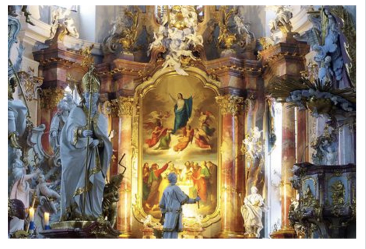 <ul><li><p><span><span>German rococo - actually religious stuff (unlike French rococo paintings)</span></span></p></li><li><p><span><span>White and gold, scallopy shapes</span></span></p></li><li><p><span><span>Marble and painting and plaster, very multimedia</span></span></p></li></ul><p></p>