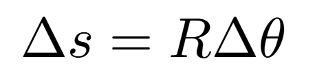 <p>Delta s is the change in arc length, R is the radius of the circle, and Delta theta is the change in angle (Lecture 2, Covered September 4)</p>