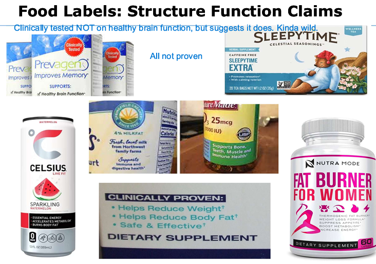 <p>Advertises the role of a nutrient on the function of the body or its structure</p><p>Suggest the <strong>āpossibilityā </strong>that a food may improve body function</p><p>NOT FDA regulated. Out of control, scamming people</p>
