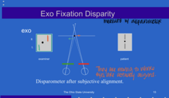 <p>When a patient has an EXO deviation, how will the patient move this target (see pic) in order to get the lines to subjectively align?</p>