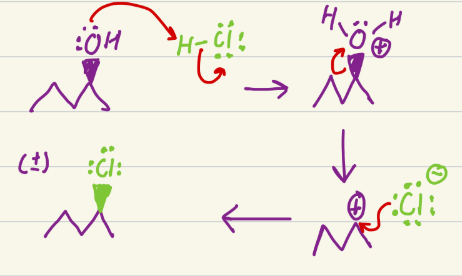 <p>Does SN1 and can do it multiple times. Replaces alcohol with the mineral. </p>