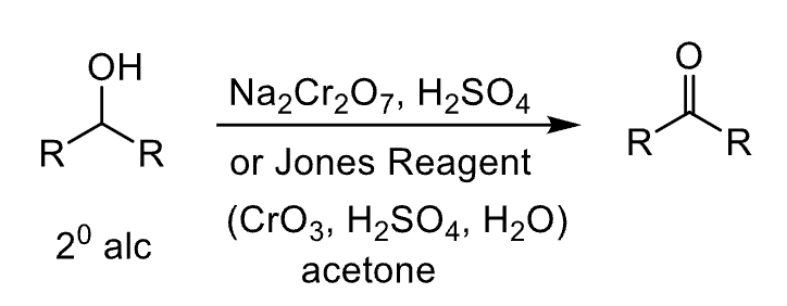 <p>Na<sub>2</sub>Cr<sub>2</sub>O<sub>7</sub>, H<sub>2</sub>SO<sub>4</sub> <br>or <br>CrO<sub>3</sub>, H<sub>2</sub>SO<sub>4</sub>, H<sub>2</sub>O and acetone</p>