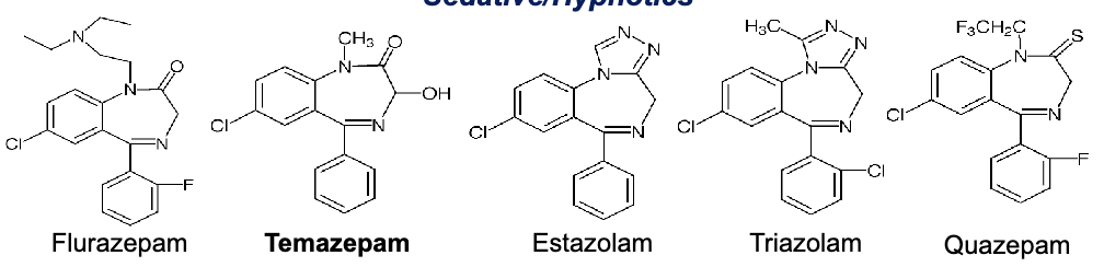 <ul><li><p>flurazepam</p></li><li><p>tempazepam</p></li><li><p>estazolam</p></li><li><p>triazolam</p></li><li><p>quazepam</p></li></ul><p></p>