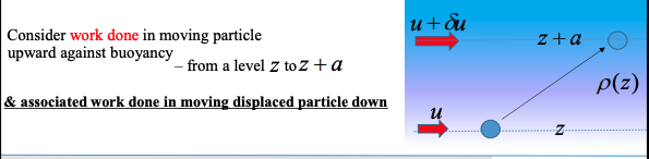 <p>We can form a criterion for stratification by considering work.</p><ul><li><p>We are considering two particles swapping places</p></li><li><p>Change in work from bouyancy</p></li><li><p>Change in kinetic energy</p></li></ul><p><strong>This is unstable if ΔKE > work done against bouyancy</strong> </p><p></p><p>Looking at a continuous strata where our density and velocity varies continuously with height.</p><p><strong>Work done against bouyancy</strong>:</p><p>$$F_{buoy} = \{ \underbrace{\rho(z)}_{\text{density of particle}} - \underbrace{[\rho(z) + a \frac{d\rho}{dz} + \dots]}_{\rho(z+a) \text{ density of environment}} \} gV \approx -\left( a \frac{d\rho}{dz} \right) gV$$ </p><p>$$\text{work done} = \int_{a=0}^{a=\delta z} F_{buoy} \cdot d\mathbf{r} = \int_{0}^{\delta z} -\left( a \frac{d\rho}{dz} gV \right) da = -\frac{1}{2}(\delta z)^2 \frac{d\rho}{dz} gV$$ </p><p></p><p><strong>change in kinetic energy</strong>: </p><ul><li><p>Kinetic energy before switching: <strong>(density changes don’t affect KE, only hydrostatic)</strong></p><ul><li><p>$$KE_{before} = \frac{1}{2}m_1 u^2 + \frac{1}{2}m_2 (u + \delta u)^2 \quad \text{where } m_1 \approx m_2 = \rho_0 V$$ </p></li></ul></li><li><p>Kinetic energy after swapping: <strong>(assuming they take mean velocity)</strong></p><ul><li><p>$$KE_{after} = \frac{1}{2}m_1 \left( \frac{u + (u + \delta u)}{2} \right)^2 + \frac{1}{2}m_2 \left( \frac{u + (u + \delta u)}{2} \right)^2$$ </p></li></ul></li></ul><p>change is thus:</p><p>$$\Delta KE = KE_{before} - KE_{after} = \frac{\rho_0 V}{4}(\delta u)^2$$ </p><p></p><p><strong>Unstable if</strong>:</p><p>$$\frac{\rho_0 V}{4}(\delta u)^2 > -2 \times \frac{1}{2} (\delta z)^2 \frac{d\rho}{dz} gV$$ (two added for two particles)</p><p></p><p>If we’re taking this as a derivative by δu/δz ≈ du/dz</p><p>$$\frac{1}{4} > \frac{-\frac{g}{\rho_0} \frac{d\rho}{dz}}{\left( \frac{du}{dz} \right)^2} = \frac{N^2}{\left( \frac{du}{dz} \right)^2}$$ </p><p></p><p>This dimensionless ratio is the <strong>Richardson Number (</strong><span><strong>$Ri$</strong></span><strong>)</strong>.</p><p>$$Ri = \frac{N^2}{(du/dz)^2}$$</p><p><strong>Condition for instability: </strong><span><strong>$Ri < \frac{1}{4}$</strong></span></p>