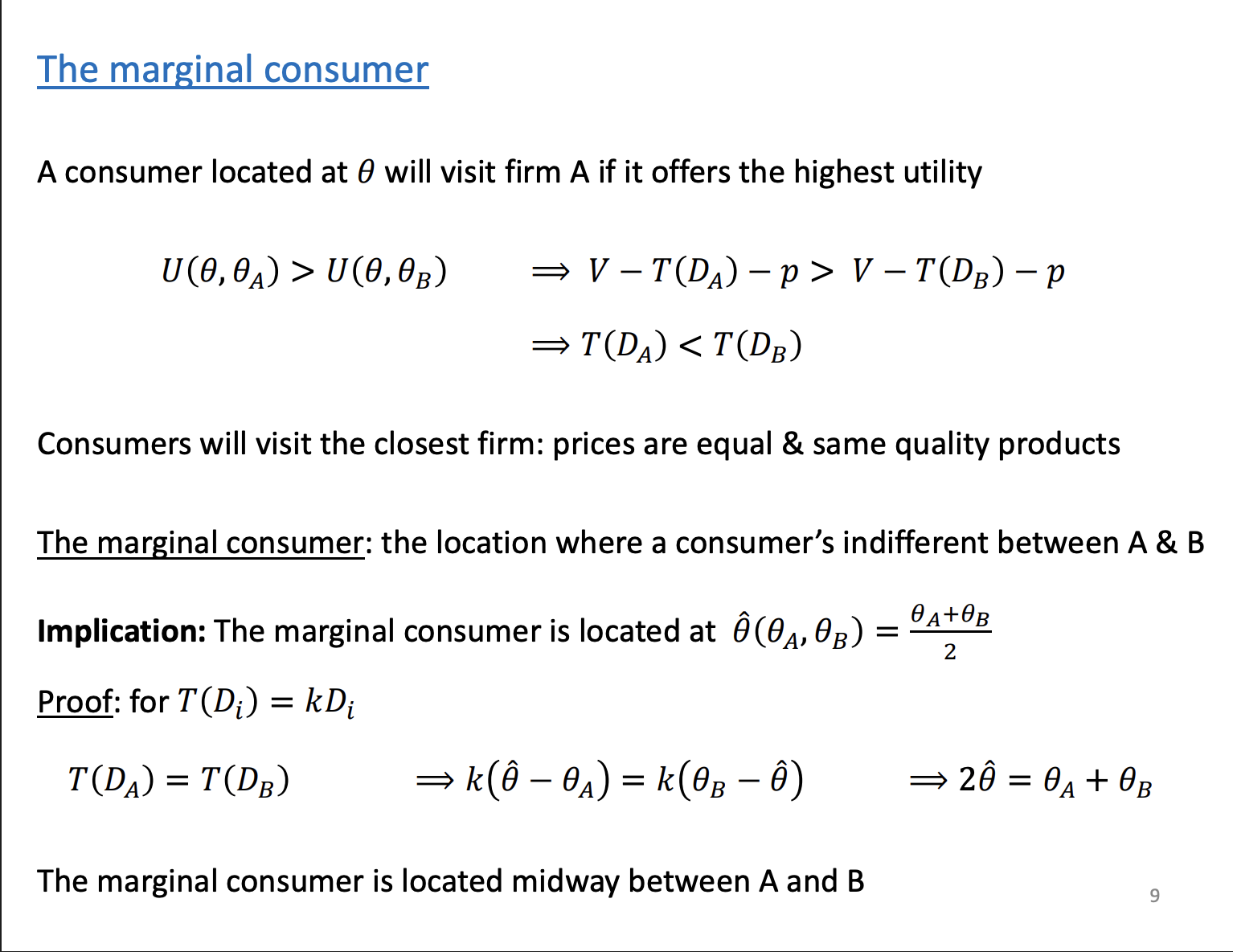 <p>To determine where the consumers will purchase from. Whatever store they are closest to, to minimise travel costs. At the midpoint, the marginal consumer, the travel costs are identical.</p>