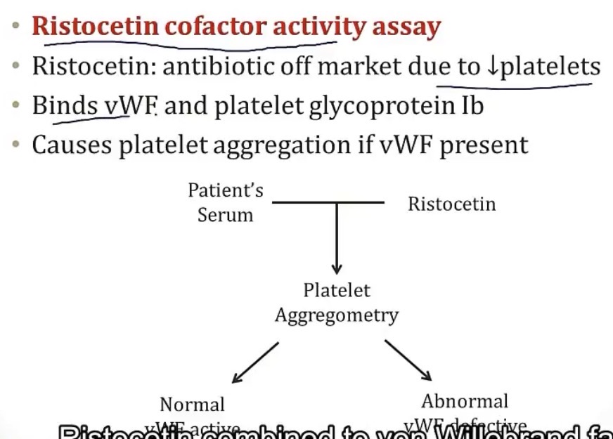 <p>-deficiency of vWF</p><p>-endothelial cells and platelets</p><p>-circulates bound to clotting factor 8, and initiates adhesion of platelets(using GP1b receptor) to damaged endothelium</p><p>-menorrhagia</p><p>-PTT; remember, it’s associated with clotting factor 8</p><p>-increased</p><p>-yes</p><p>-ristocetin cofactor activity assay; makes platelets clump if there’s normal vWF</p><p>-desmopressin, aminocaproic acid, and vWF concentrate</p>