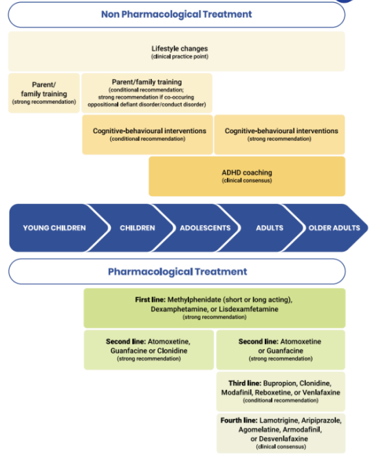 <p><strong><u>Psychotherapy</u></strong>: Social Skills Training, Occupational Therapy, Counselling</p><p><strong><u>Pharm</u></strong>:</p><p><strong>ASD:</strong><em> for severe behavioural issues</em></p><ul><li><p><em>Risperidone</em>: calms aggressive behaviours etc</p></li></ul><p><strong>ADHD:</strong> <em>Stimulants are first line!</em></p><ol><li><p>Stimulants: <em>Methylphenidate </em>(short or long acting - Ritalin), <em>Dexamfetamine, Lisdexamfetamine</em></p><ul><li><p>Improve attention and impulses</p></li><li><p>Should not be given to pts <6yrs</p></li></ul></li><li><p><em>Atomoxetine, Guanfacine, Clonidine </em>(for aggression) </p></li><li><p><em>Bupropion, Clonidine, Modafinil, Reboxetine, Venlafaxine</em></p></li><li><p><em>Lamotrigine, Aripiprazole, Agomelatine, Armodafanil, Desvenlafaxine</em></p></li></ol><p><strong><em>Methylphenidate</em></strong>: <u>Ritalin</u> = SA or LA, <u>Concerta</u> = Extended Release (less potential abuse, only use if responsive to immediate-release MPH)</p><p><strong><em>Dexamfetamine</em></strong>: No response to MPH, higher risk of AEs, <span><strong><em>Lisdexamfetamine </em></strong>(<u>Vyvanse</u>) = LA</span></p><p><span><strong><em>Atomoxetine</em></strong>: <u>Strattera</u> (Noradr. Reup. Inh.), <em>cannot</em> combine w other stimulants, only if stimulants not tolerated, good for co-morbid anxiety/psychosis/tics, AEs = prolonged QT + stunt growth, low risk of misuse</span></p><p><span><strong><em>Guanfacine</em></strong>: <u>Intuniv</u> </span>(Alpha-Adrenergic Rec. Ag), if Stimulants or Atomoxetine not tolerated, if tic disorder, Adjunct w Stimulants if poor response, <span>AEs = Hypotens/Bradyc/Sedation</span></p><p><strong><em>Clonidine</em></strong>: <u>Catapres</u>, good for aggression and sleep disturbance, not good for inattention, shorter half life than guanfacine (similar role), AEs = Hypotens</p><p><em>Must monitor ADHD sx, Height/Weight, BP/HR, AEs etc</em></p>