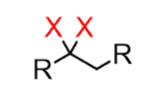 <p>Two halogen atoms are bonded to the same carbon</p>