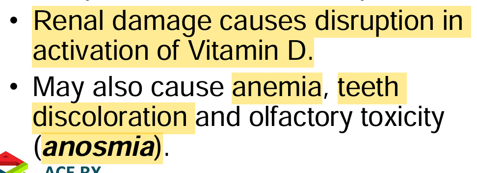 <p>Symptoms are osteomalacia, osteoporosis and renal failure. It is the toxicity of cadmium </p>