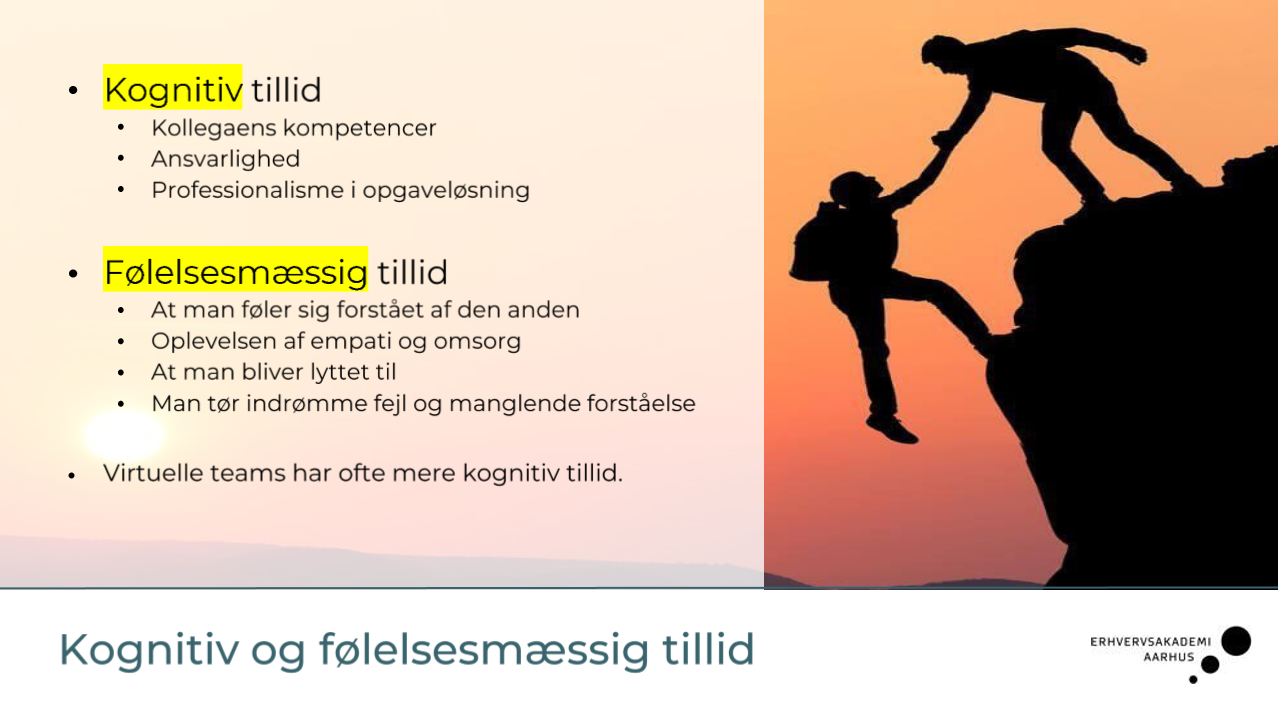 <p><strong>Kognitiv tillid</strong> bygger på en vurdering af, at den anden er <strong>kompetent og pålidelig</strong> (man stoler på personens faglighed og evne til at løse opgaven).</p><p><strong>Følelsesmæssig tillid</strong> bygger på relation og nærhed <strong>mellem mennesker</strong> (man oplever omsorg, loyalitet og gensidig forståelse).</p>