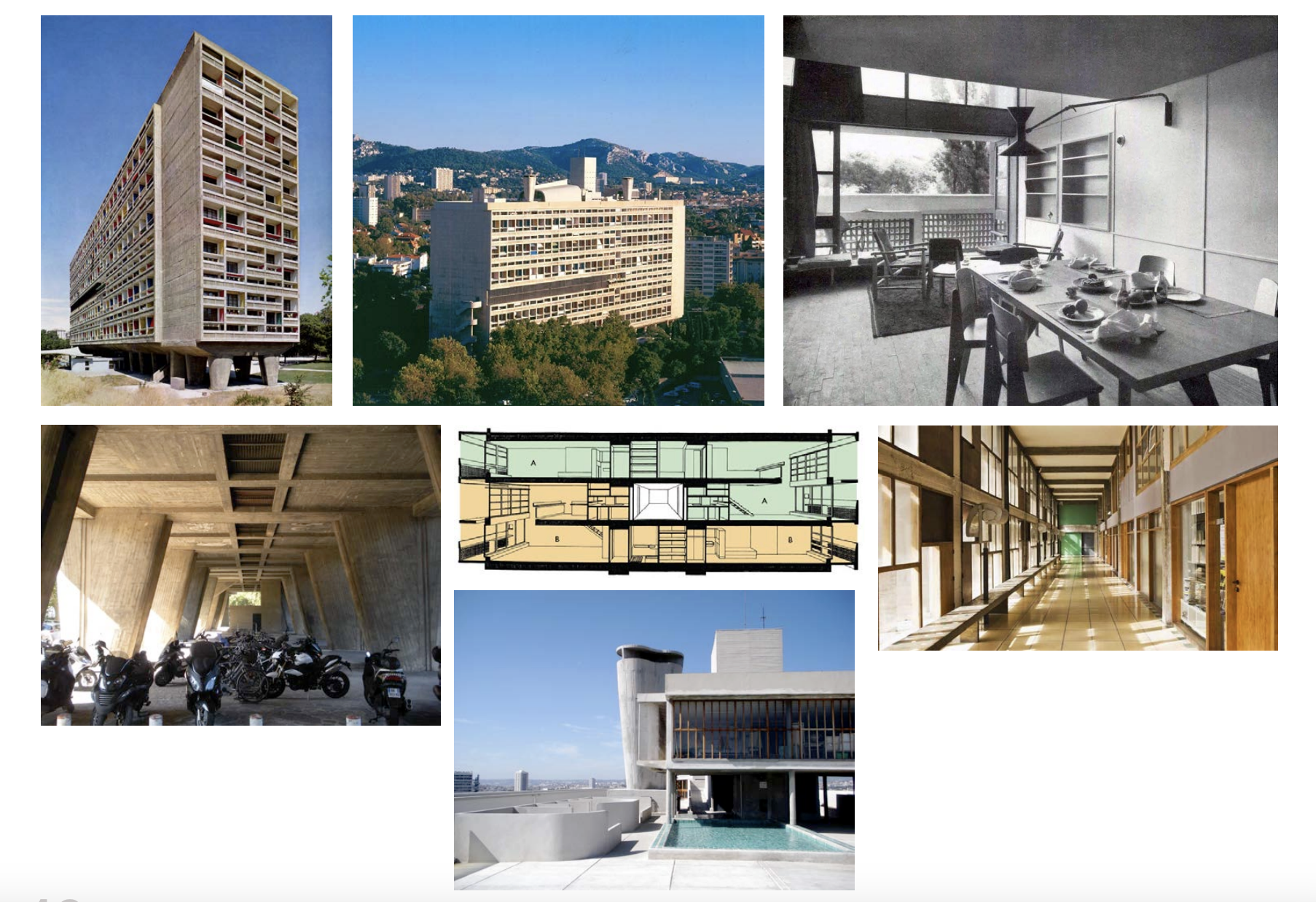 <p>Functionally, materialistically, and scale-wise very different from other buildings within the international style, using his five points in some way or another, though the buildings are very different from others</p><p>Apartment building that functions as a central part of life (learn, eat, play), unified environment for life, proposed solution for housing at a dense urban scale</p><p>Access to light, open space, greenery at a universal level, Corbusier wants it to be built everywhere</p><p>Brutalistic, concrete poured into wooden forms to create shapes, can build wooden forms to put different printings and patterns in the concrete</p><p>Criticized for it being massive scale, but entire building is actually designed to be human scale, includes engravings of Corbusier’s Modulor figure on the sides of the entrance</p><p>23 apartment types slotted into a structural grid, have likened the interior to a ship, balconies and windows on both sides, allows for mezzanines, light and air flow through the entire building </p><p>Includes a public shared space that would have shops, post offices, etc. and is meant to look like a street inside the building, bringing the outside in and making it accessible to all of its inhabitants, gym, cafe, and playground on the roof as well</p><p>Sculptural rooftop (not necessarily a rooftop garden, but close), forms blend in with the mountainous terrain surrounding the building</p><p></p>