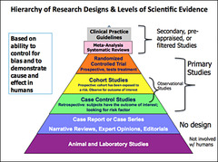 <p>Systematic Reviews and Meta-Analysis > Double Blind RCTs > Cohort Studies > Case-Control Studies > Case Series > Care Reports > Ideas, Editorials, Opinions > Animal Research > In vitro ("test tube") research</p>
