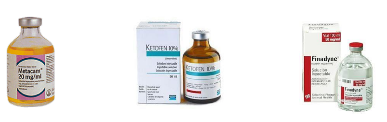 <ul><li><p><strong>Metacam</strong>, Meloxicam, single dose</p></li><li><p><strong>Ketofen, </strong>Ketoprofen, daily for up to 3 days</p></li><li><p><strong>Finadyne</strong>, Flunixin meglumine, 24-hr intervals for up to 5 days</p></li></ul><p></p>