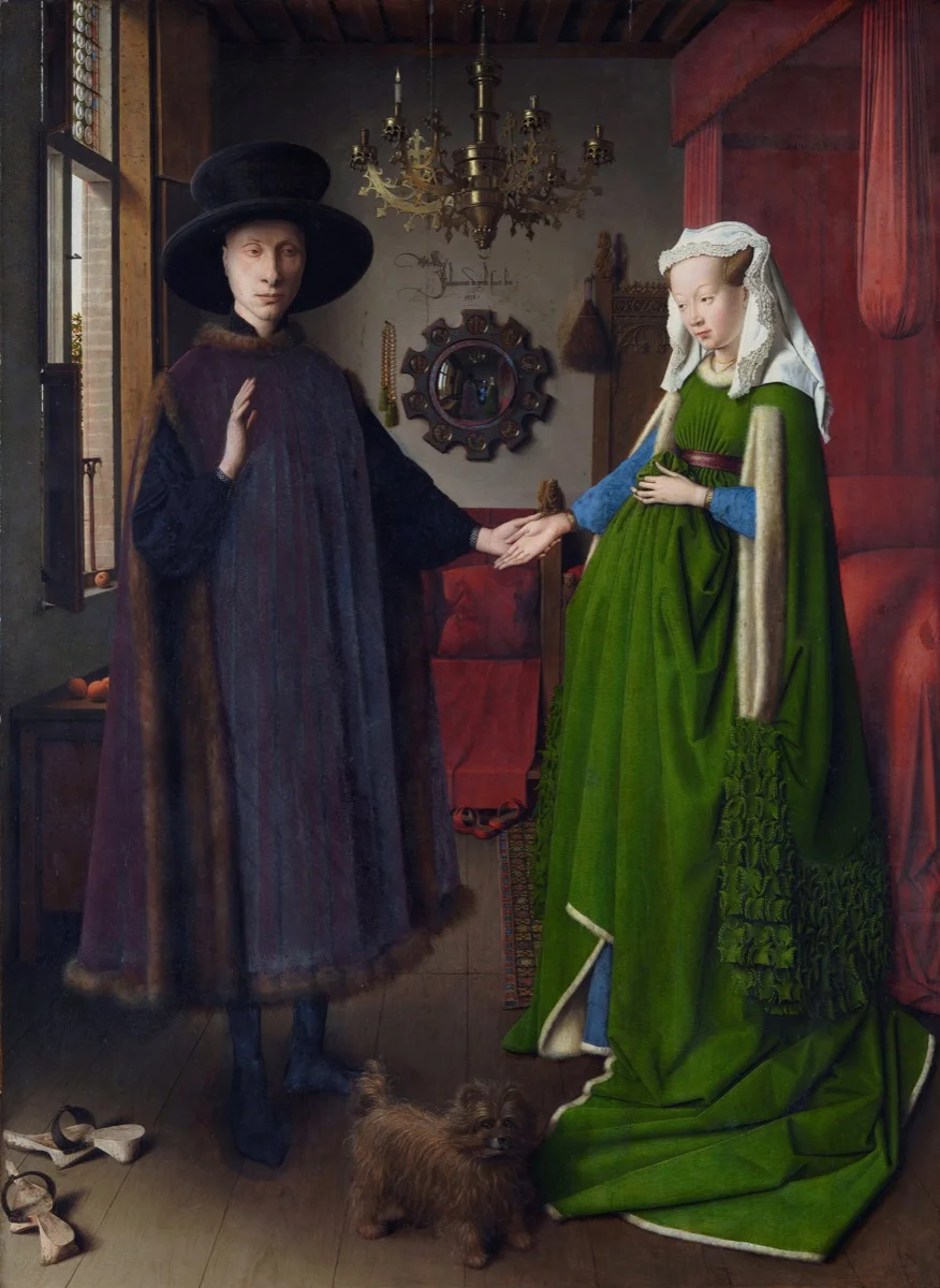 <p>Form:</p><p>-oil on wood</p><p>-Renaissance</p><p>Content:</p><p>-betrothal (engagement)</p><p>-dog represents wealth and fidelity</p><p>-barefeet- something sacred taking place</p><p>-Patron saint of domesticity (St. Margaret</p><p>-Vaneyck signature and reflection in mirror</p><p>-witnesses of the marriage shown in the mirror</p><p>Function:</p><p>-shows status, wealth, power</p><p>Context:</p><p>-artist: Van Eyck</p><p>-1434 CE (15th century)</p><p>-Flanders</p>