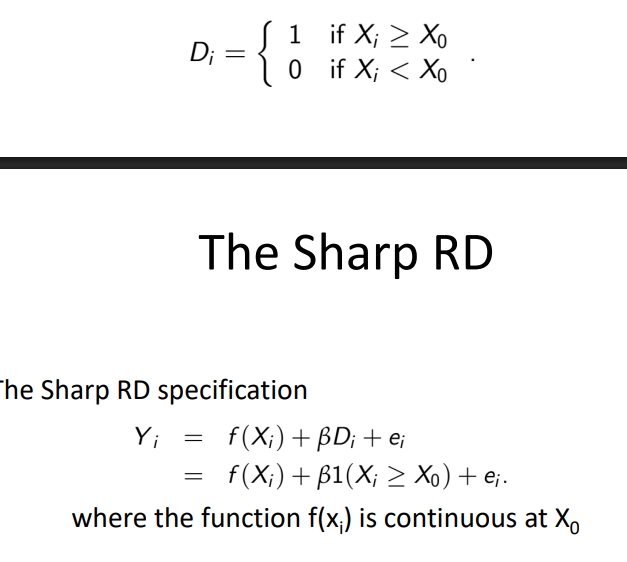 <p></p><ul><li><p>is used when treatment status is a deterministic and discontinuous function of a covariate Xi, = running variable</p></li></ul><p></p>