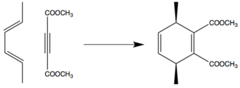 <p>Conjugated diene reacts with alkyne to form cyclohexadiene.</p><p>Stereochemistry of alkenes and dienes maintaibed. +/-</p>