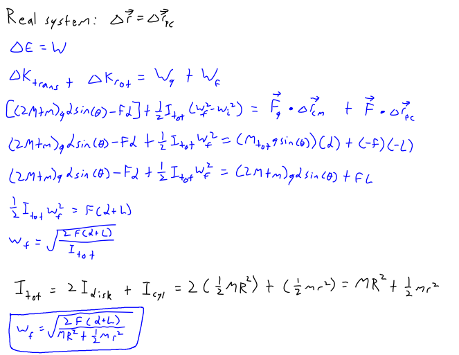 <p>set up energy equation delta E = work done by nbon-conserved forces, which in this case is gravity and sonia. since we can about rotational speed, set delta E to delta k_trans + delta k_rot</p>