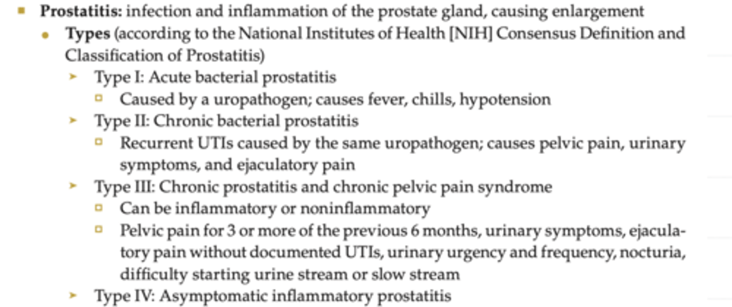 <p>infection and inflammation of the prostate gland, causing enlargement</p>