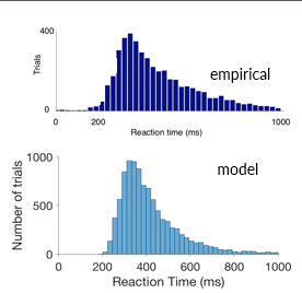 <p>-for each process can determine the time when it crossed the threshold </p><p>-this is model RT </p><p>-can then look at the distribution of model RTs over 10,000 processes </p><p>-this distribution has a similar shape as the empirical RTs distribution model </p>