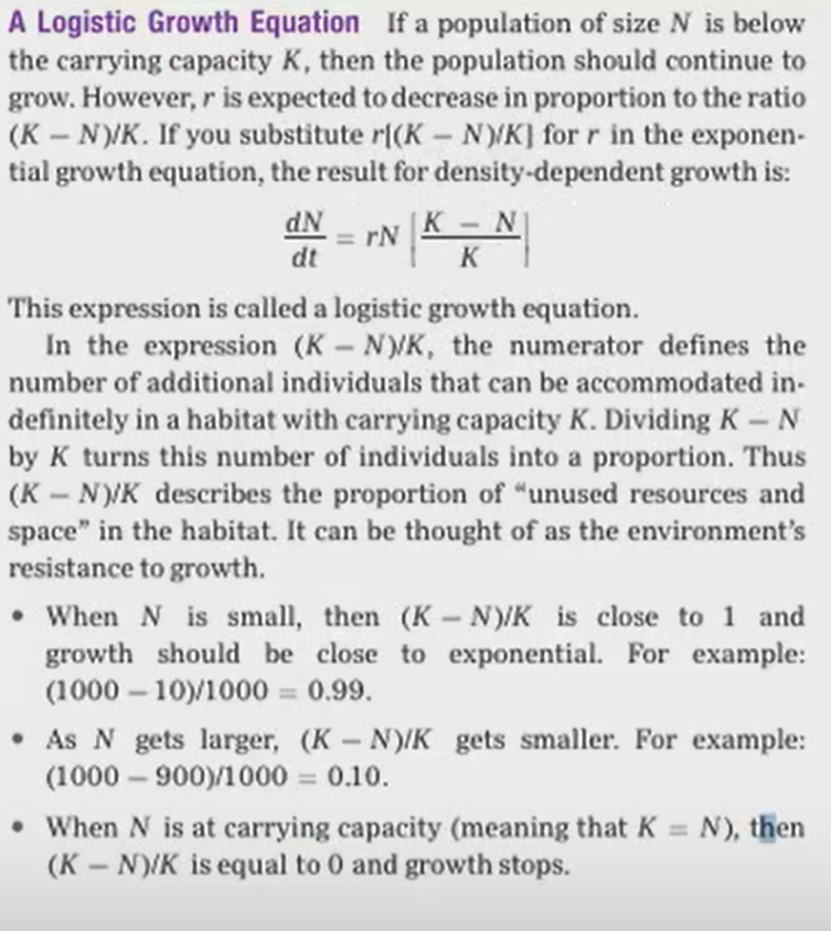 <p><span style="background-color: transparent;">Population Growth: Logistic Growth</span></p><ul><li><p><span style="background-color: transparent;">Resources are <strong>finite</strong></span></p></li><li><p><span style="background-color: transparent;">Growth becomes <strong>density </strong>dependent&nbsp;</span></p></li><li><p><span style="background-color: transparent;">Carrying capacity = <strong>K</strong></span></p><ul><li><p><span style="background-color: transparent;">Populations either fluctuate around carrying capacity once reaching it or crash</span></p></li></ul></li><li><p>Equation: <strong>________________</strong></p></li></ul><p></p>
