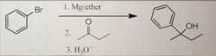 <p>Br replaced with ketone at most substituted (ketone is reduced to alcohol)</p><p>nucleophilic addition of a grignard reagent to a ketone</p>