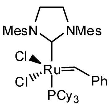 <p>same as Grubbs I but one PCy<sub>3</sub> is an N-heterocyclic carbene which is a better sigma donor, so catalyst is more stable and more reactive </p>