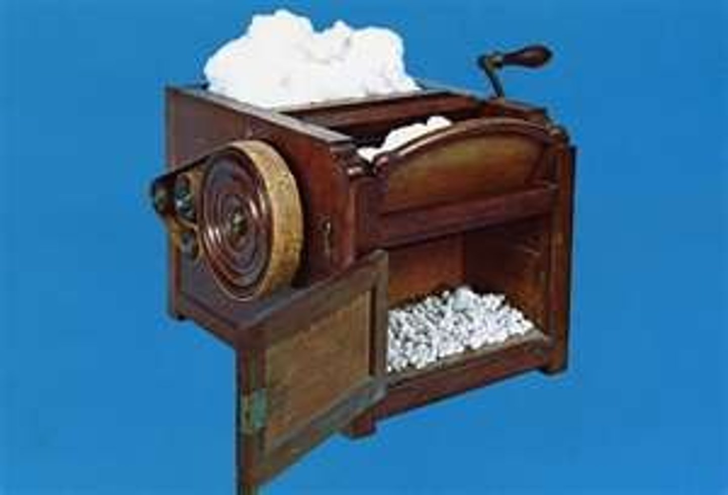 <p>Invented by Eli Whitney in 1793. It removed seeds from cotton fibers. Now cotton could be processed quickly and cheaply. Results: more cotton is grown and more slaves are needed for more acres of cotton fields</p>