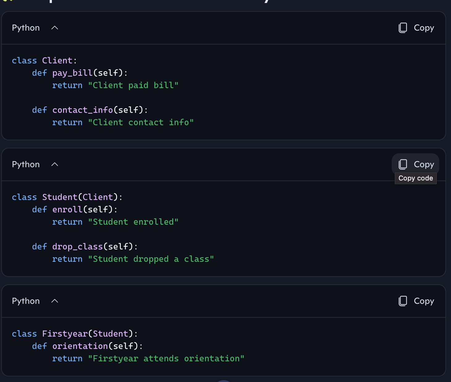 <p>if Firstyear inherits from Student, which inherits from Client, what methods does Firstyear have?</p>