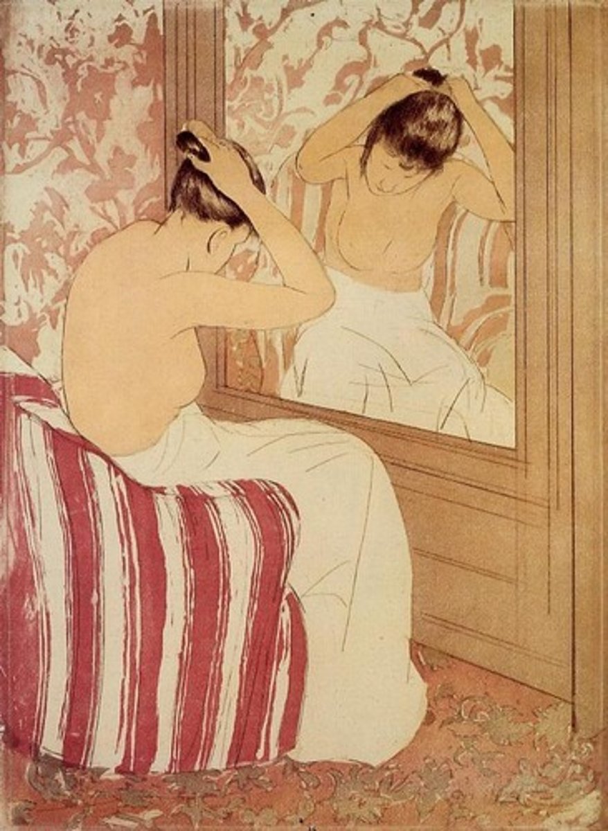 <p>The French fascination with all things japonese. Second half of 19th century. Impressionist and Post-impressionist were especially impressed with bold contour lines, flat areas of color, and cropped edges in Japanese woodblock prints.</p>