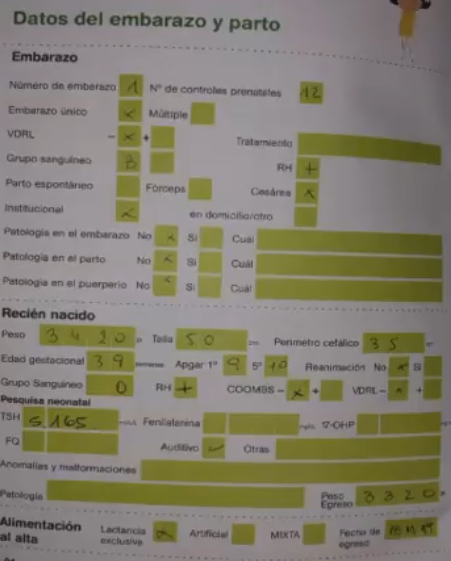 <p>Primera gestacion </p><p>Embarazo bien controlado</p><p>Embarazo sin complicaciones</p><p>Parto: Institucional, por cesárea </p><p></p><p>Recien nacido</p><ul><li><p>Termino</p></li><li><p>Peso, longitud, perimetro cefalico acordes a su edad gestacional: Buen crecimiento intrauterino</p></li><li><p>Apgar: Vigoro</p></li><li><p>Sin patologia perinatal</p></li></ul><p></p>