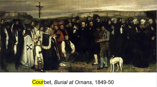 <p><strong>Identification:</strong></p><ul><li><p>Artist: Courbet</p></li><li><p>Title: <em>Burial at Ornans</em></p></li><li><p>Date: 1849–50</p></li><li><p>Movement: Realism</p></li></ul><p><strong>Historical Context:</strong></p><ul><li><p>The painting shows a funeral in Ornans, which is Courbet’s hometown in France.</p></li><li><p>It was created after the 1848 revolutions, during a time of political and social change.</p></li><li><p>Instead of painting a heroic or historical event, Courbet chose to depict a <strong>local, everyday scene</strong>.</p></li><li><p>This reflects the Realist goal of representing modern life and ordinary people.</p></li></ul><p><strong>Style:</strong></p><ul><li><p>The painting is very large, a scale traditionally used for important history paintings.</p></li><li><p>The composition is horizontal and lacks a central heroic focus, making the scene feel more natural and unstructured.</p></li><li><p>The figures are individualized but not idealized, and many appear stiff or emotionally distant.</p></li><li><p>There is no dramatic lighting or emphasis, which reinforces the ordinary nature of the event.</p></li></ul><p><strong>Themes:</strong></p><ul><li><p>The painting emphasizes that everyday life, including death and community rituals, is worthy of serious artistic attention.</p></li><li><p>It challenges traditional art hierarchies by treating a provincial funeral as equal to grand historical subjects.</p></li><li><p>The work reflects social equality by giving importance to ordinary people rather than elites or heroes.</p></li><li><p>It presents reality without idealization, showing how people actually behave rather than how they “should” behave.</p></li></ul><p></p>