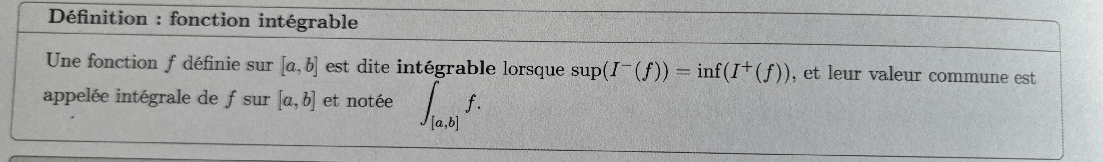 <p>I-(f) = ensemble des intégralesdes fonctions en escalier inférieur de f </p>