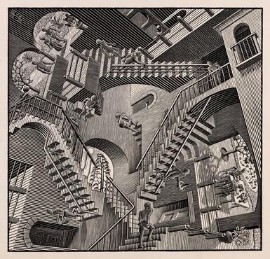 <p>M. C. Escher is BEST known for artworks that explore:</p>