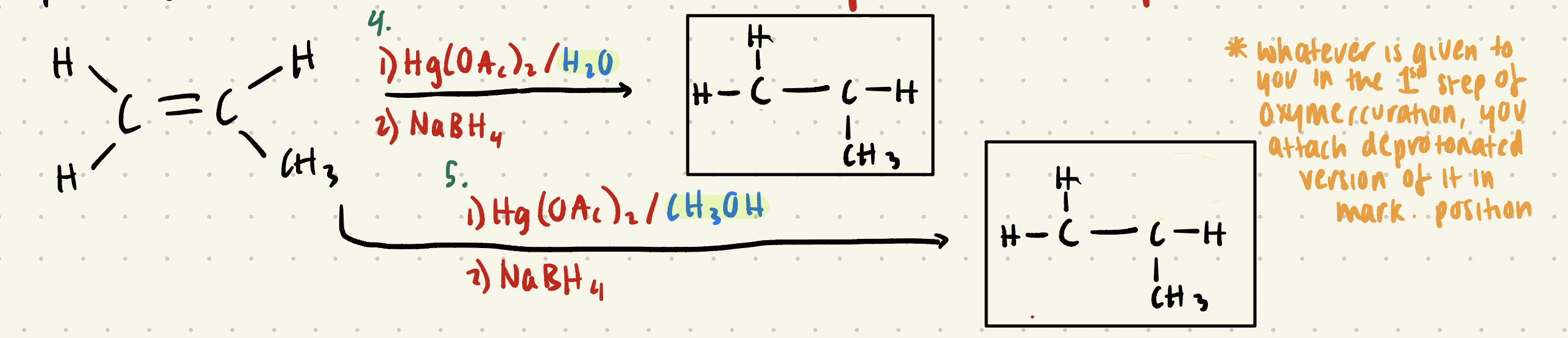 <p>Oxymercuration/demercuration which is the mark. addition of OH or RO in ANTI-PLANAR POSITION (THINK: OMA)</p>