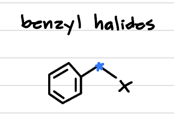 <p>halogen on a carbon attached to a benzyl ring. very reactive!</p>